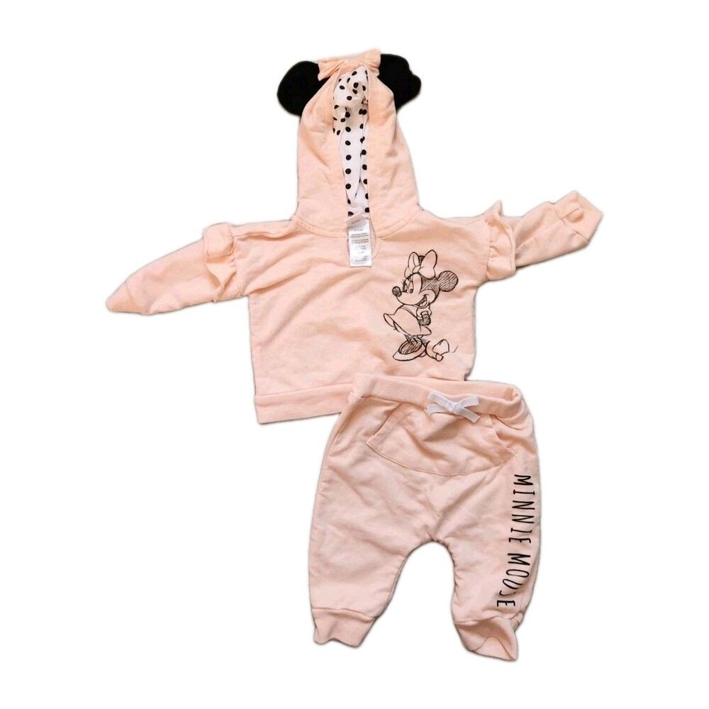 Disney Baby Minnie Mouse Hoodie Sweatpants Set Pink Ears Bow 3-6M EUC